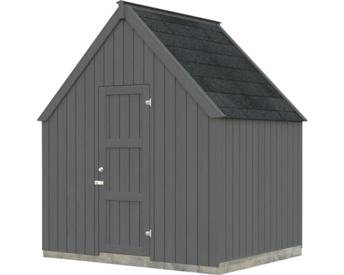 Grauer Geräteschuppen mit Giebeldach und Tür