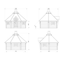 Technische Zeichnung eines Grillhauses mit Maßangaben
