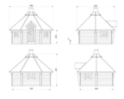 Technische Zeichnung eines Grillhauses mit Maßangaben