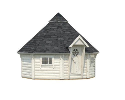 Holzgrillkota mit Dachschindeln und Fenstern