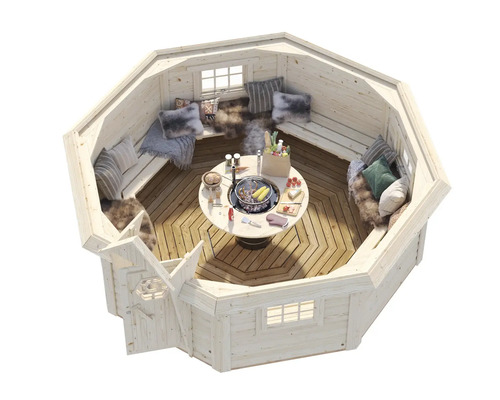 Achteckiger Grillpavillon mit Grilltisch, Bänken und Kissen