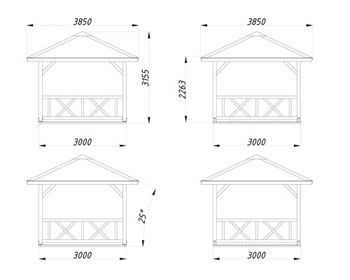 Technische Zeichnung eines Gartenpavillons mit Maßangaben