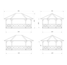 Technische Zeichnung verschiedener Pavillon-Größen mit Maßangaben