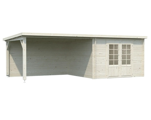 Holzgartenhaus mit Doppeltür und überdachter Veranda