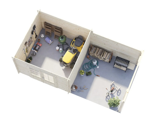 Innenansicht eines Gartenhauses mit Gartengeräten, Rasenmäher, Grill und Holz