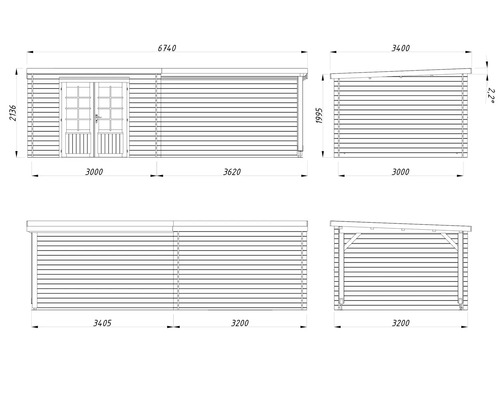 Technische Zeichnung eines Gartenhauses mit Maßangaben
