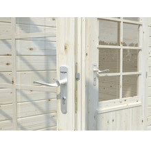 Detailansicht einer Holztür mit Fenster und silberfarbenem Türgriff