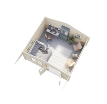 Innenansicht eines Holzgartenhauses mit Schlafbereich, Arbeitsbereich und Sitzecke.