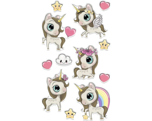 Illustration mit mehreren Cartoon Einhörnern, Sternen, Herzen und einer Wolke