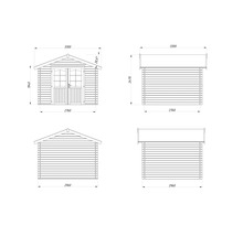 Technische Zeichnung eines Gartenhauses mit Maßangaben für Breite, Höhe und Tiefe
