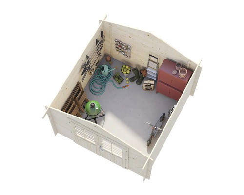 Innenansicht eines Gartenhauses mit Gartengeräten, Grill und Werkzeugen