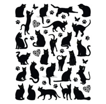 Illustration von Katzensilhouetten, Pfotenabdrücken und Schmetterlingen