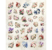 Abbildung verschiedener Blumensträuße mit Rosen, Lavendel und Krokussen.