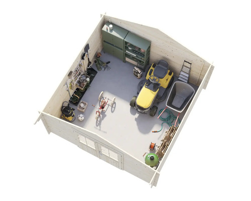 Innenansicht eines Holzgartenhauses mit Gartengeräten, Werkzeugen und Aufbewahrungssystemen.