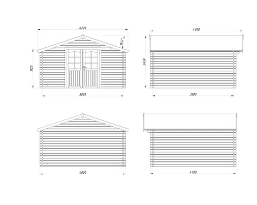 Technische Zeichnung eines Gartenhauses mit Maßen