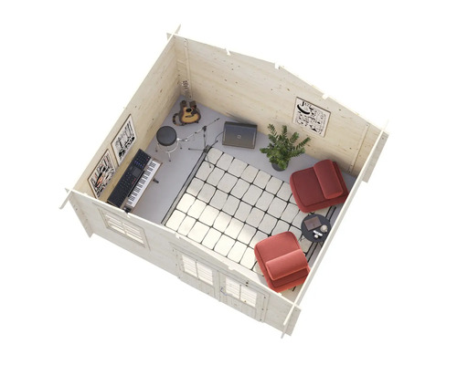 Holzgartenhaus als Musikstudio mit Instrumenten und Sitzgelegenheiten