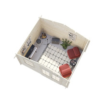 Innenansicht eines Gartenhauses, eingerichtet als Musikstudio mit Gitarre, Keyboard, Schlagzeug, Sesseln und Teppich