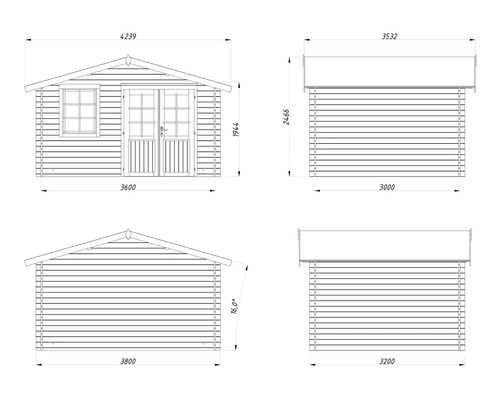 Technische Zeichnung eines Gartenhauses mit Maßangaben.