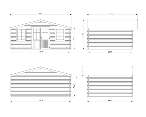 Technische Zeichnung eines Gartenhauses mit Maßangaben