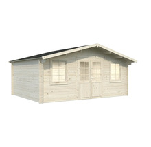 Gartenhaus aus Holz mit Fenstern und Doppeltür