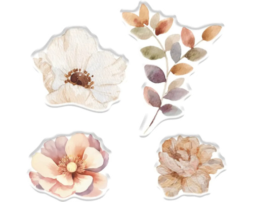 Illustration von vier Blumen und einem Blattzweig