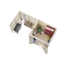 Ansicht von oben eines Holzgartenschuppens mit Grill, Gartengeräten, Holz und Aufbewahrungsmöbeln.