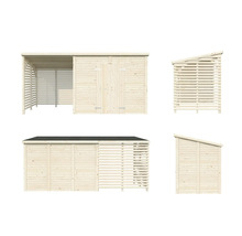 Holzgartenhaus mit Geräteschuppen und offenem Lagerbereich in verschiedenen Ansichten