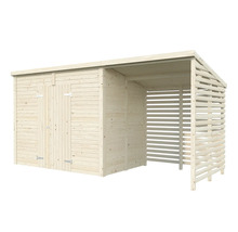 Holzgartenhaus mit Doppeltür und seitlichem Unterstand