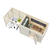 Draufsicht auf ein Gartenhaus mit Gartengeräten, Werkzeugen und Lagermöglichkeiten.