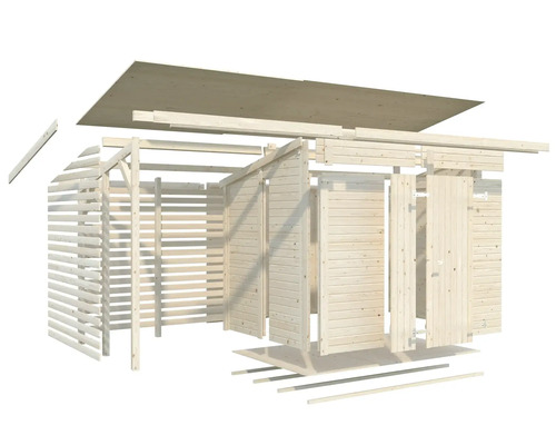 Explosionszeichnung eines Gerätehauses aus Holz
