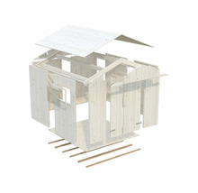 Explosionsansicht eines Gerätehauses aus Holz mit Dach, Wänden und Boden