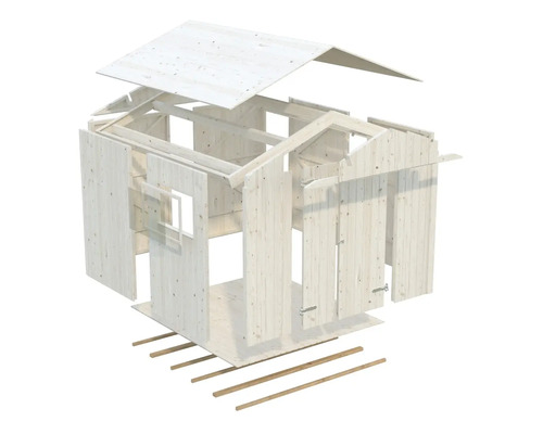 Explosionsansicht eines Gerätehauses aus Holz mit Dach, Wänden und Boden