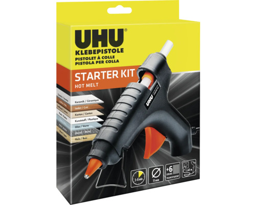 UHU Klebepistole Starter Kit Heißklebepistole für Keramik, Leder, Pappe, Kunststoff, Glas, Metall und Holz