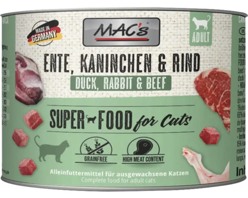 Mac's Katzenfutter mit Ente, Kaninchen und Rind für ausgewachsene Katzen