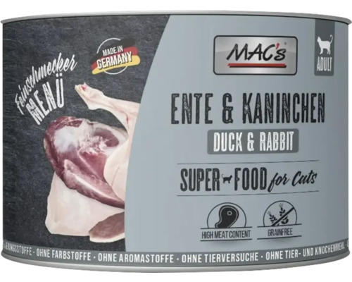 Mac's Katzenfutter Ente und Kaninchen für ausgewachsene Katzen, getreidefrei und hoher Fleischanteil.