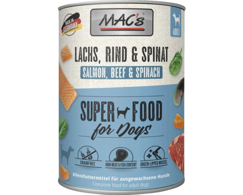 Hundefutter nass MAC´s DOG Seefisch, Nudeln und Spinat 800 g Macs Hundefutter Dose mit Lachs, Rind und Spinat für ausgewachsene Hunde
