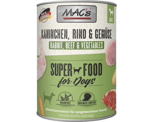 Mac's Hundefutter Dose mit Kaninchen, Rind und Gemüse für ausgewachsene Hunde