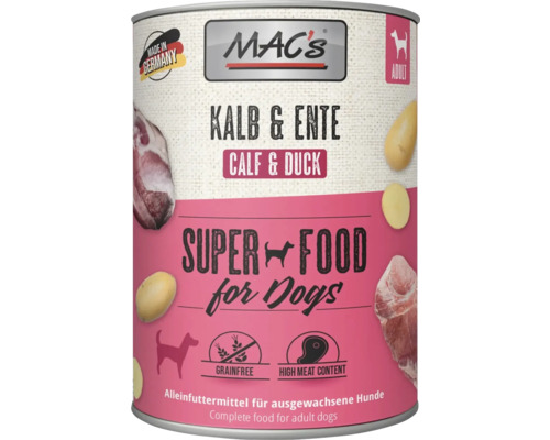 Hundefutter nass MAC´s DOG Kalb, Ente und Kartoffeln 800 g Mac's Hundenassfutter Kalb und Ente für ausgewachsene Hunde