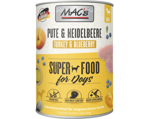 Mac's Hundenassfutter mit Truthahn und Blaubeeren für ausgewachsene Hunde