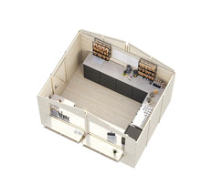 Innenansicht eines Holz Gartenhauses mit Verkaufsfläche und Theke