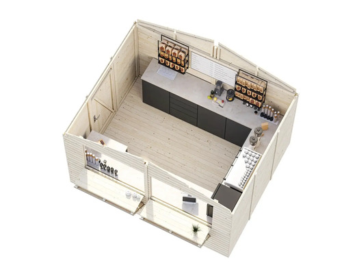 Innenansicht eines Holz Gartenhauses mit Verkaufsfläche und Theke