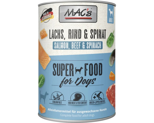 Mac's Hundenassfutter mit Lachs, Rind und Spinat für ausgewachsene Hunde