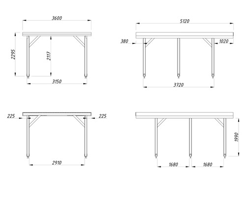 Technische Zeichnung eines Tisches mit Maßangaben