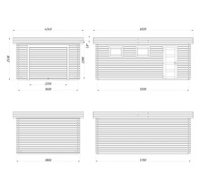 Technische Zeichnung eines Gartenhauses mit Maßangaben