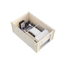 Garage aus Holz mit Auto, Werkzeugschrank und Gartengeräten