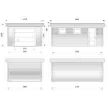 Technische Zeichnung eines Holzhauses mit Garage und Eingangstür sowie Größenangaben.