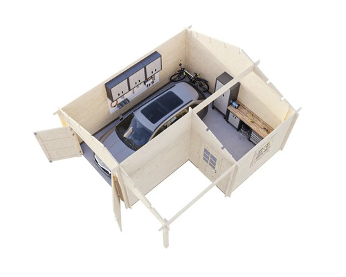 Holzgarage mit Auto, Fahrrad und Werkbank im Inneren