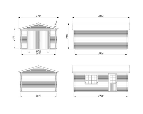 Technische Zeichnung eines Gartenhauses mit Maßangaben