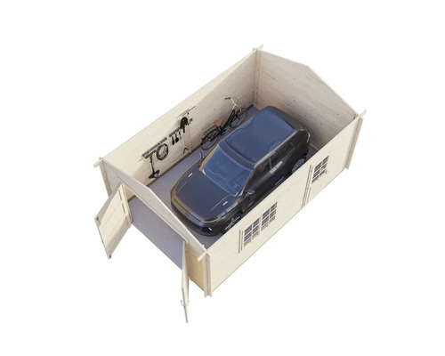 Holzgarage mit Auto, Fahrrad und Werkzeugaufhängung