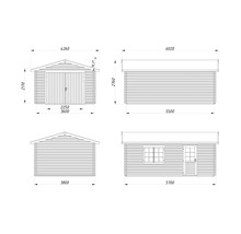 Technische Zeichnung eines Gartenhauses mit Maßangaben.